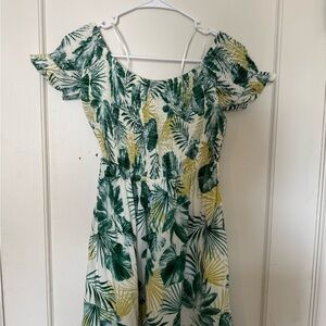 Blue Rain Green and Yellow Tropical Leaf Midi Dress